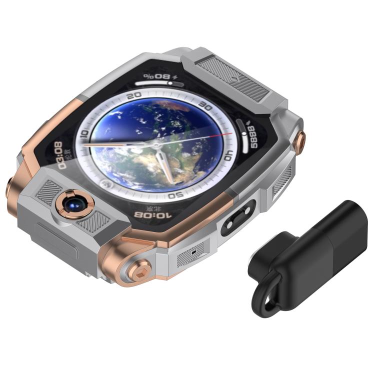 Black watch charging adapter beside a smartwatch, shown from another angle