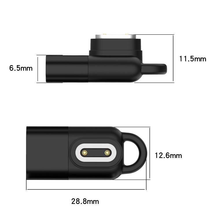Black watch charging adapter with dimensions marked: 28.8 mm long and 12.6 mm wide