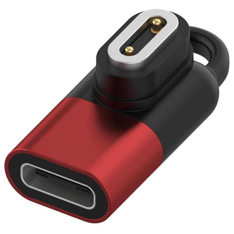 Smartwatch charging adapter with USB-C port, red and black body, and two-pin charging contacts
