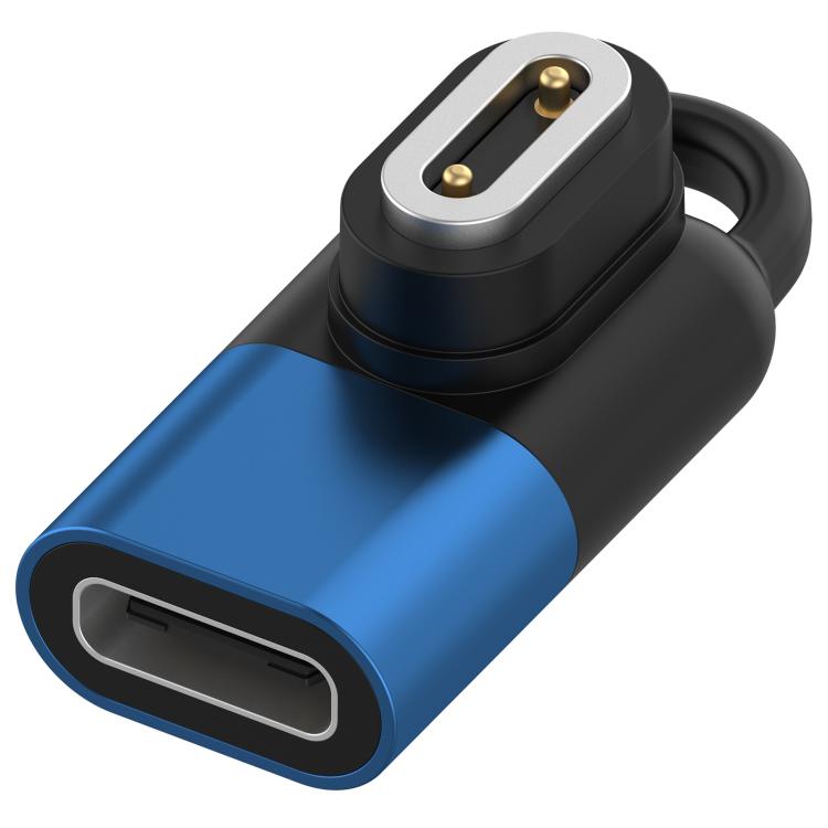 Smartwatch charging adapter with USB-C port, blue and black body, and two-pin charging contacts
