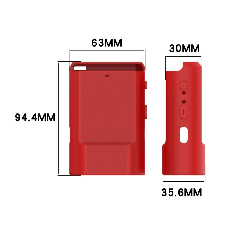 Red silicone case with size measurements: 63mm x 94.4mm x 35.6mm