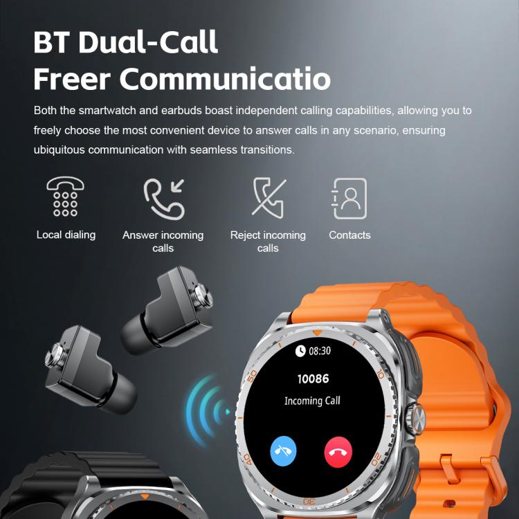 G99 smartwatch with orange strap and earbuds, showing an incoming call on screen.
