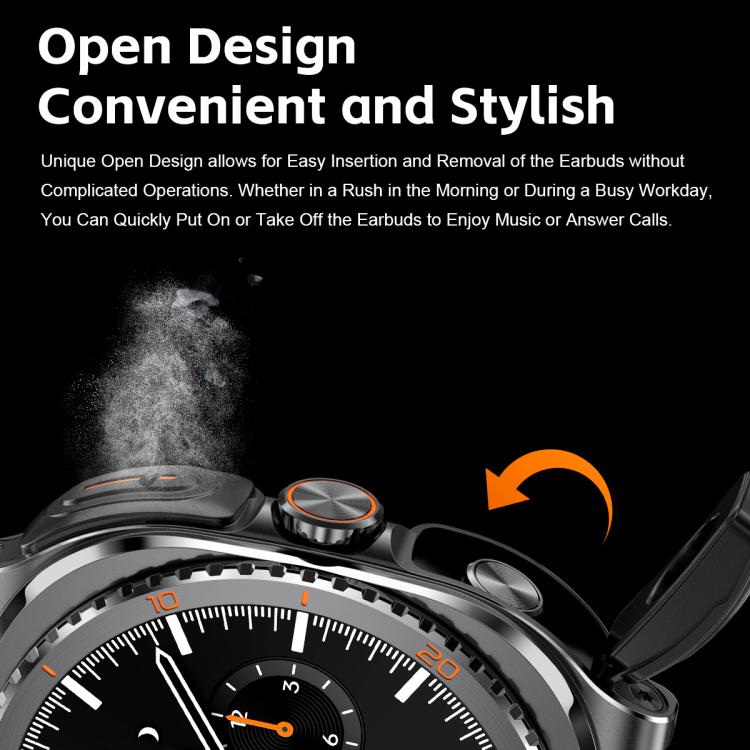 G99 smartwatch close-up showing its orange-accented crown and open earbud compartment.