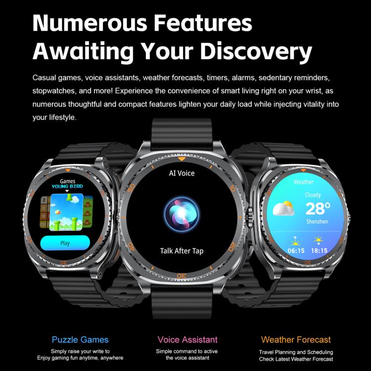 G99 smart sports watch showing game, voice assistant, and weather screens