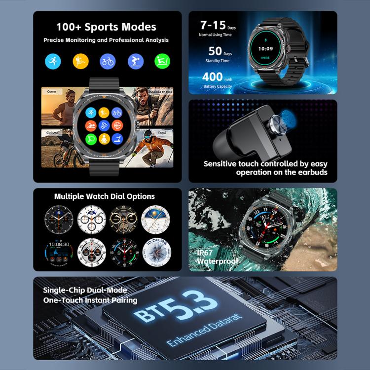 G99 smartwatch with earbuds, sports modes, multiple watch faces and waterproof feature collage