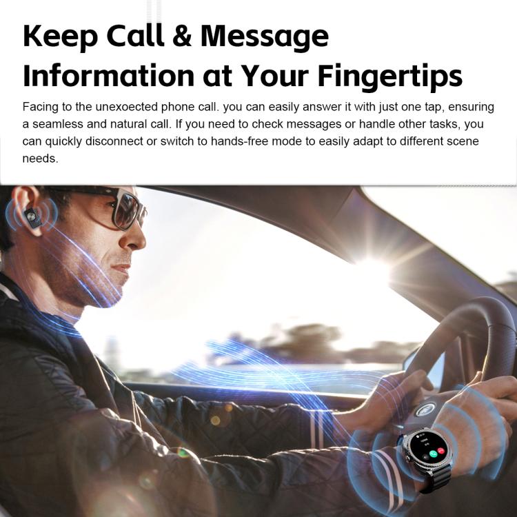 G99 smartwatch with black strap shown during a call; display and earbuds are visible.