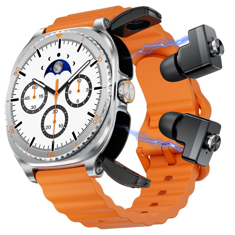 G99 smart sports watch with orange strap and silver case beside two wireless earbuds