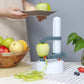White electric peeler with onion mounted and spiral vegetable peel on base