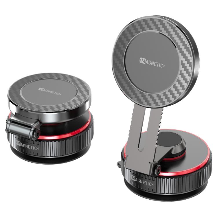 Rotating alloy magnetic vacuum phone holder with carbon-look round face and black base