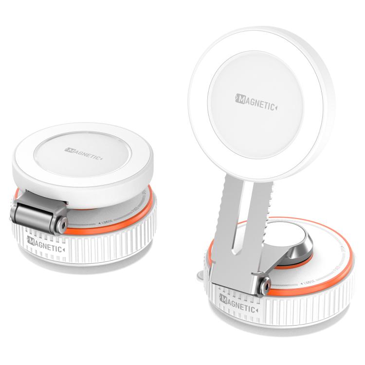 Rotating alloy magnetic vacuum phone holder with carbon-look round face and white base