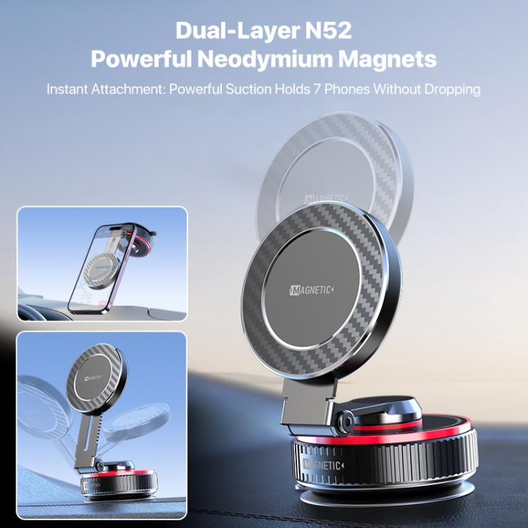 Rotating alloy magnetic vacuum phone holder with clear round disc and carbon-look face