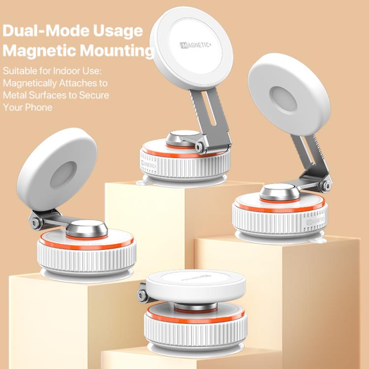 White rotating alloy magnetic vacuum phone holder with magnetic disc and adjustable arm