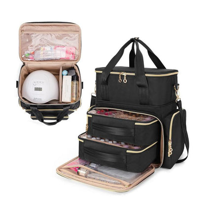 Detachable two-tier nail polish storage box, black open with clear top pocket and compartments