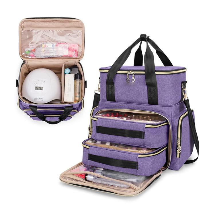 Detachable two-tier nail polish storage box, purple open with clear top pocket and compartments