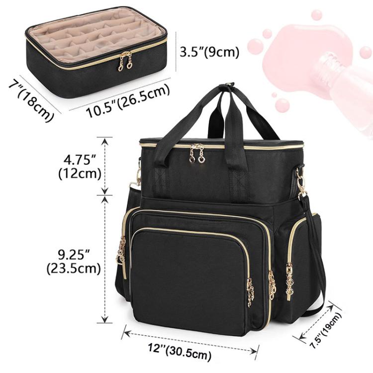 Detachable two-tier nail polish storage box, black with front pockets and shoulder strap