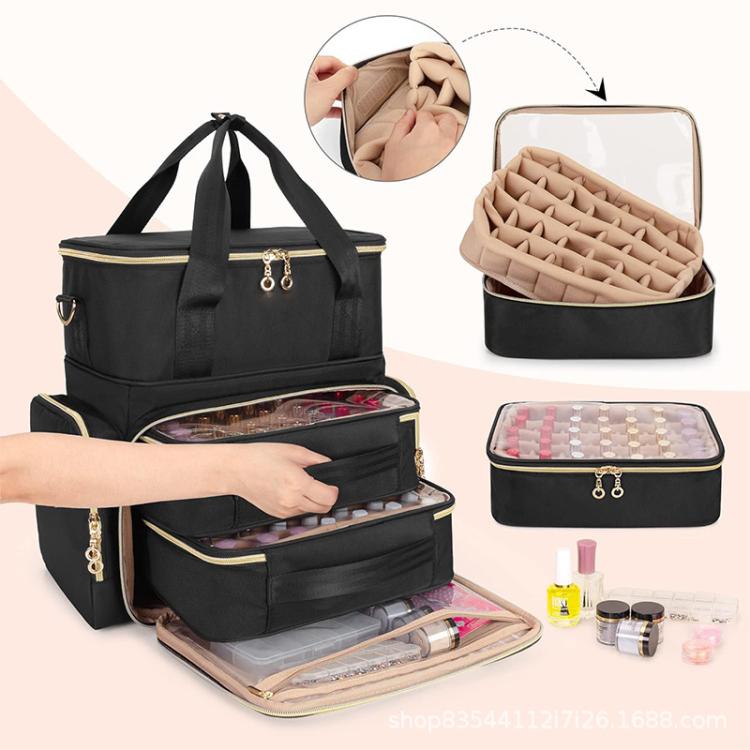 Detachable two-tier nail polish storage box, black open showing organizer inserts and side pockets