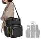 Detachable two-tier nail polish storage box, black worn with shoulder strap and front organizer pockets