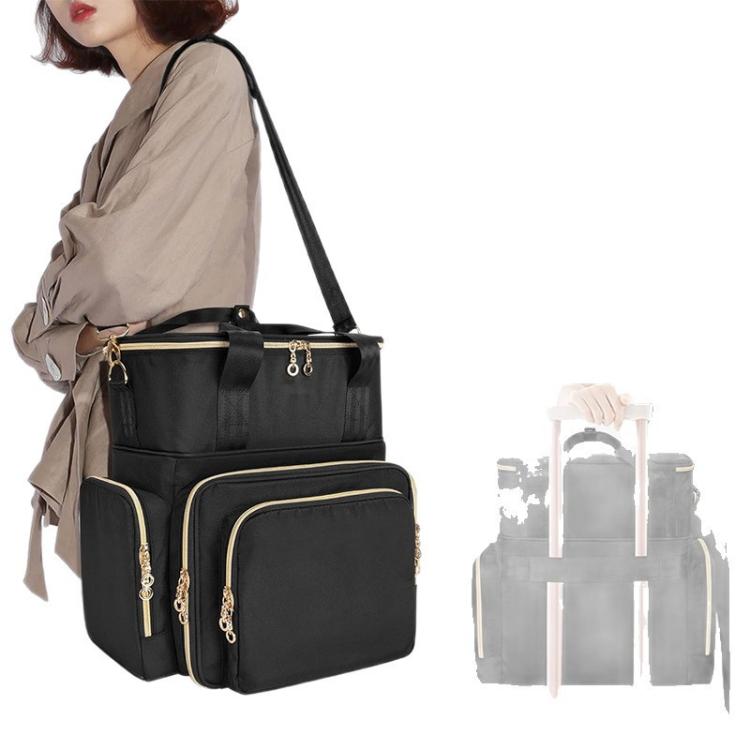 Detachable two-tier nail polish storage box, black worn with shoulder strap and front organizer pockets