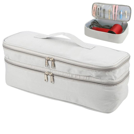 Light gray double-zip nylon storage bag with wide top handle strap