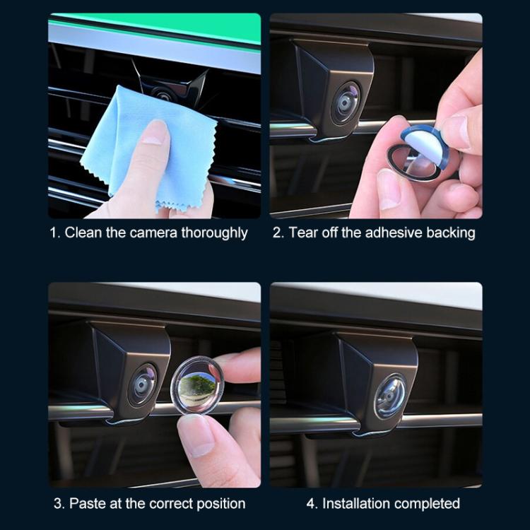 Car rear camera lens protector kit with cleaning cloth and adhesive backing