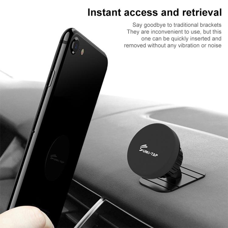 Magnetic car phone holder on dashboard with smartphone in place
