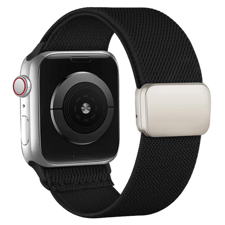Black nylon twill watch band with magnetic buckle shown on a smartwatch