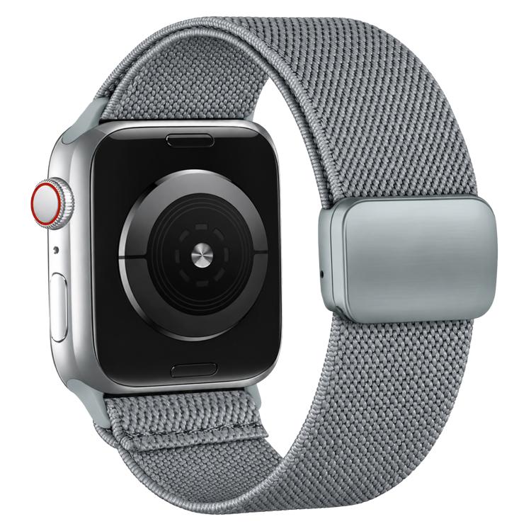 Gray nylon twill watch band with magnetic buckle shown on a smartwatch