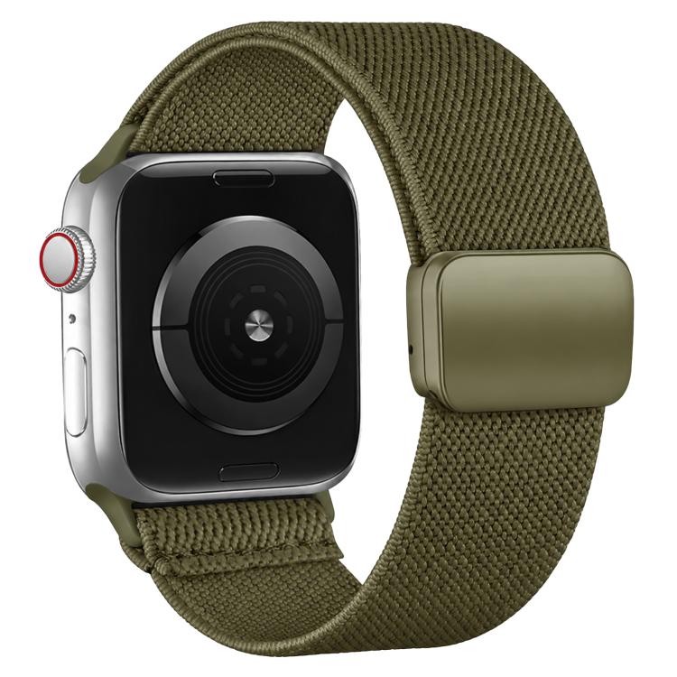 Olive green nylon twill watch band with magnetic buckle shown on a smartwatch