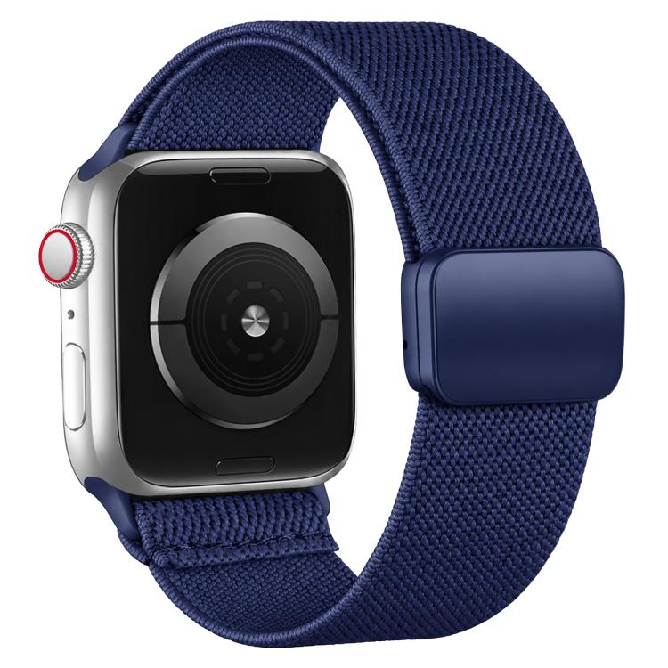 Navy blue nylon twill watch band with magnetic buckle shown on a smartwatch