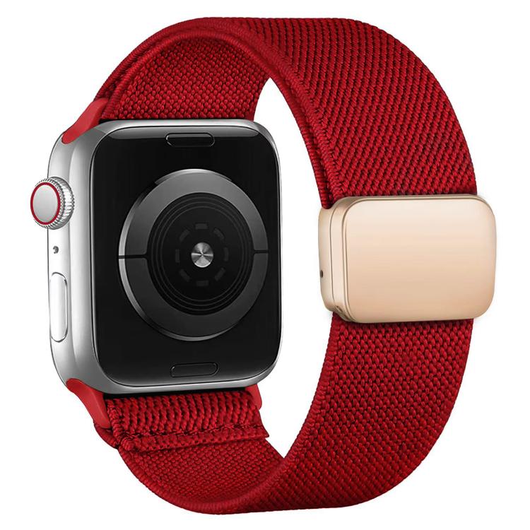 Red nylon twill Apple Watch band with a magnetic buckle