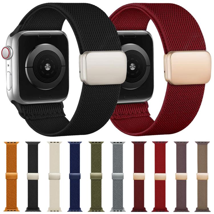 Nylon twill Apple Watch bands in black and red, with magnetic buckles and color options