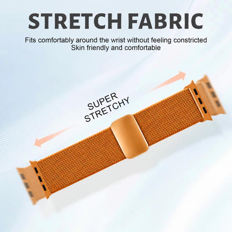 Orange stretch fabric Apple Watch band with a magnetic buckle