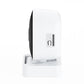 White security camera on a base with side panel and lens facing left