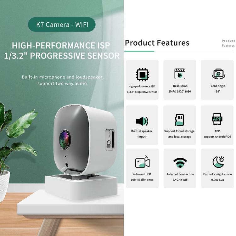 White smart security camera with lens, side buttons, and front speaker grille
