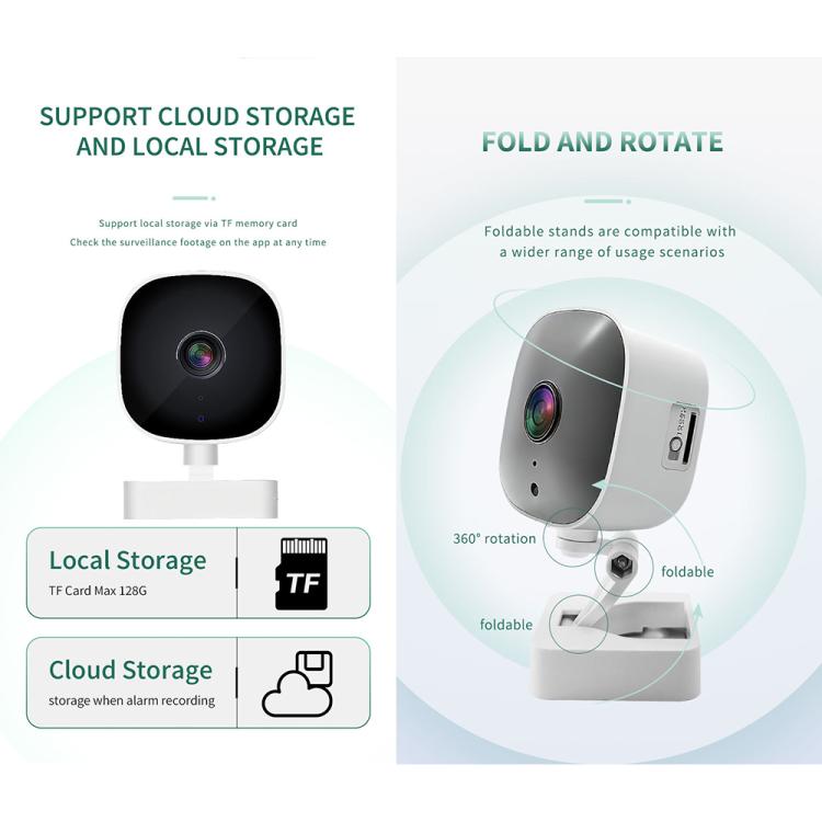 White surveillance camera on stand with foldable head and storage/charging ports