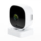 White dome-style security camera with wide-angle lens and base stand