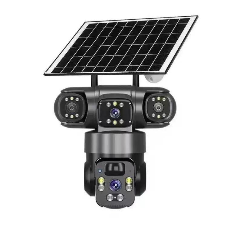 Solar-powered triple-lens outdoor security camera with panoramic 360° coverage