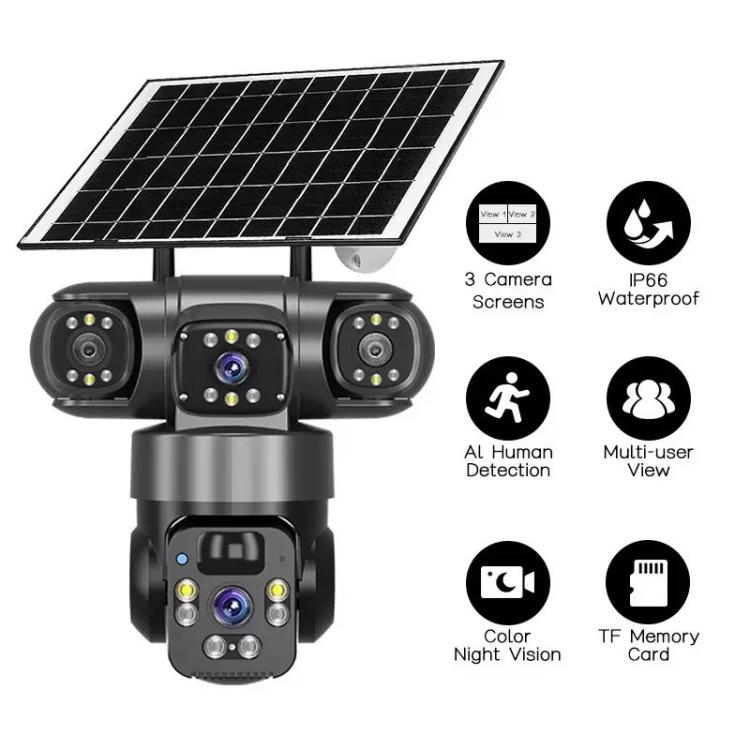 Solar-powered triple-lens security camera with three wide-angle lenses and base mount