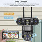 PTZ-enabled solar security camera with three lens modules for pan and tilt