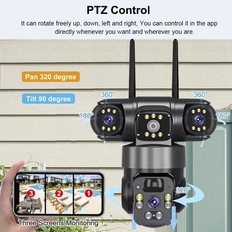 PTZ-enabled solar security camera with three lens modules for pan and tilt