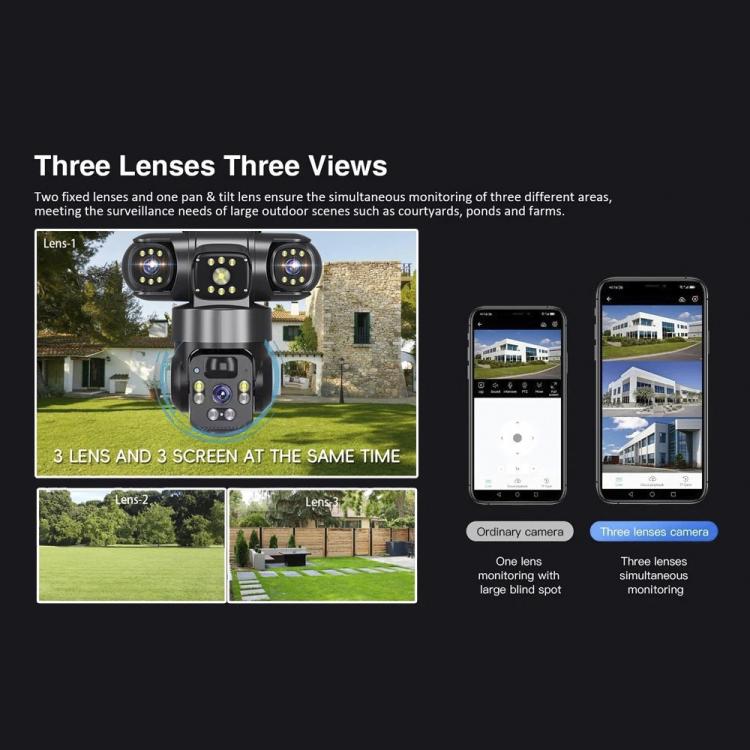 Solar triple-lens security camera with smartphone app views for monitoring