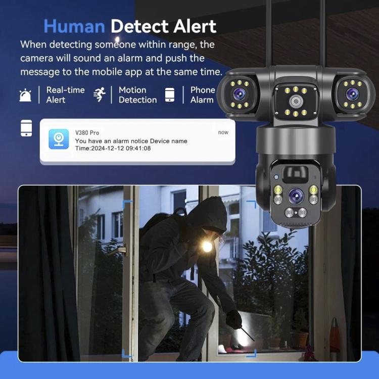 Solar security camera with human detection alerts and motion-activated notification icon