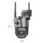 Dual-lens WiFi surveillance camera with two antennas, size dimensions shown