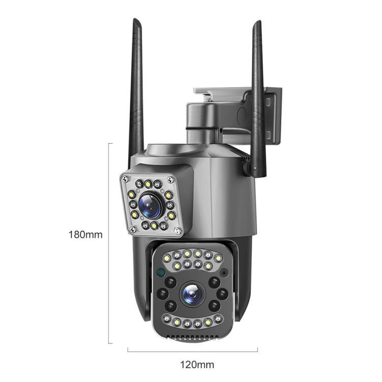 Dual-lens WiFi surveillance camera with two antennas, size dimensions shown