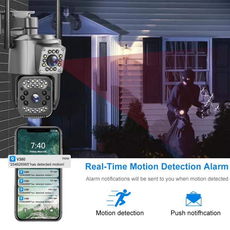 Dual-lens WiFi surveillance camera with two antennas, phone alert graphic shown
