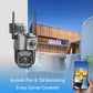 Dual-lens pan-tilt WiFi security camera with two rotating heads and antennas, gray.