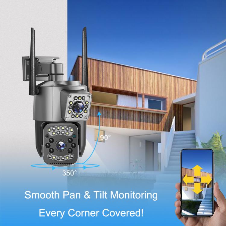 Dual-lens pan-tilt WiFi security camera with two rotating heads and antennas, gray.