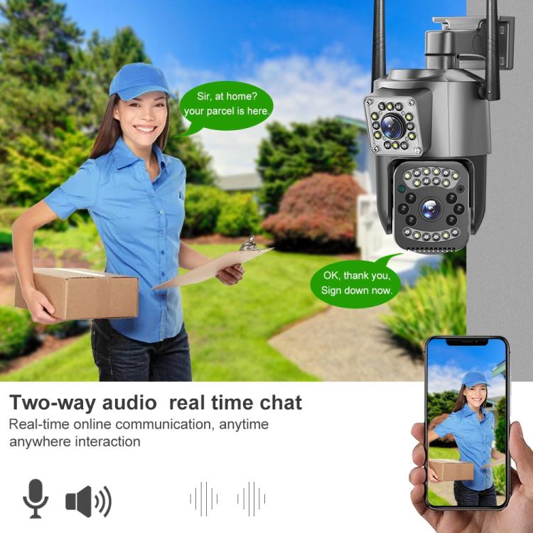 Dual-lens WiFi security camera with two rotating heads and tall antennas, gray.