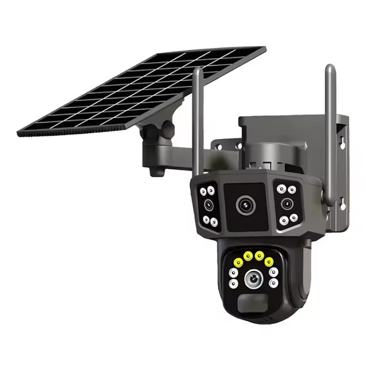 Solar-powered dual-lens wireless security camera with black housing, gray mount, and antenna