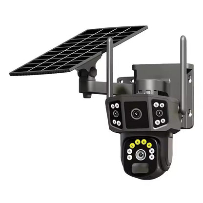Solar-powered dual-lens wireless security camera with black housing, gray mount, and antenna